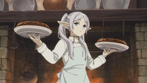 a girl in an apron holds two plates of food in her hands