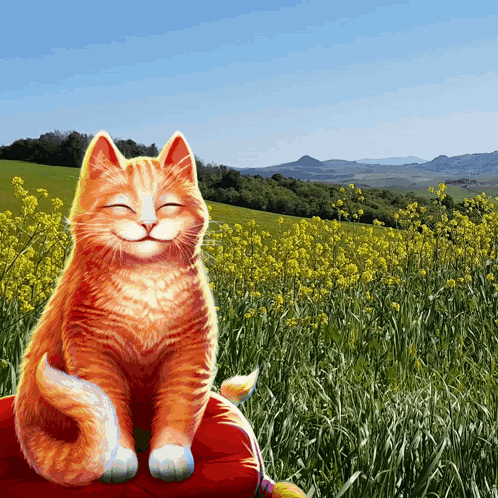 an orange cat is sitting in a field of yellow flowers with its eyes closed