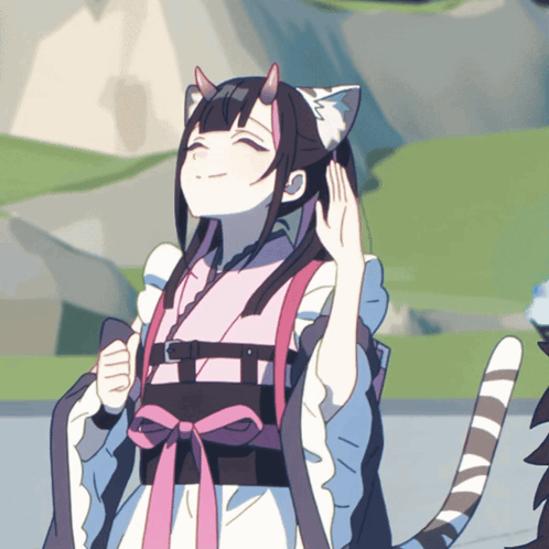a girl with cat ears and horns is smiling in a cartoon