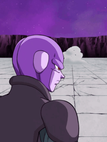 a cartoon character with a purple head and a black jacket