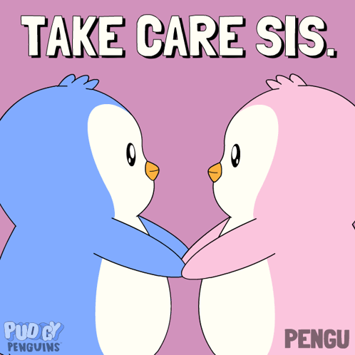 Two pastel penguins hold hands under the caption “TAKE CARE SIS.”