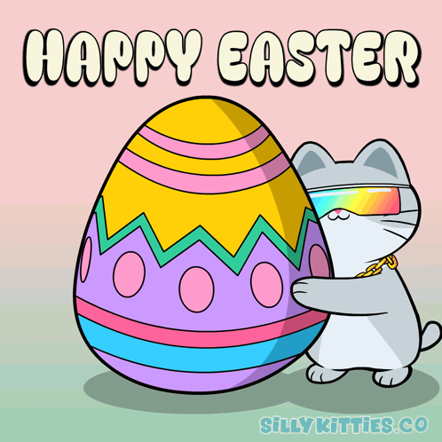 a cartoon of a cat holding an easter egg with the words happy easter written above it