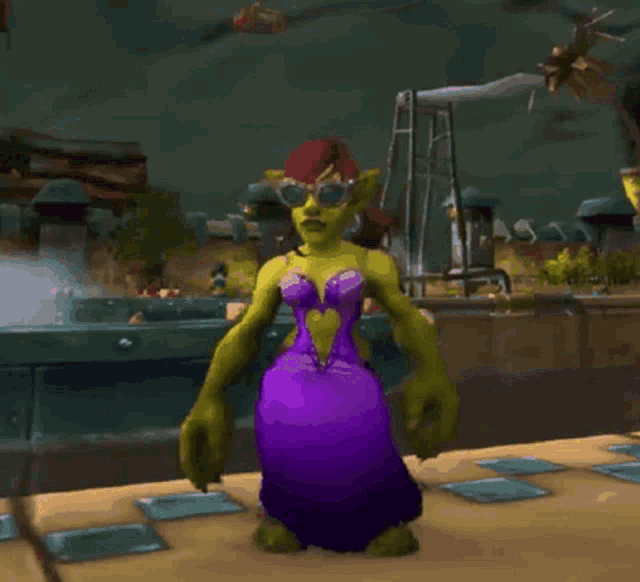 A female World of Warcraft goblin dances in a tavern-like game setting.