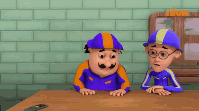 two cartoon characters are sitting at a table with a nick logo in the corner