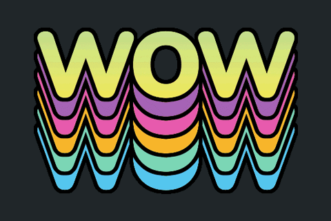 Layered rainbow “WOW” letters form a bold retro graphic.