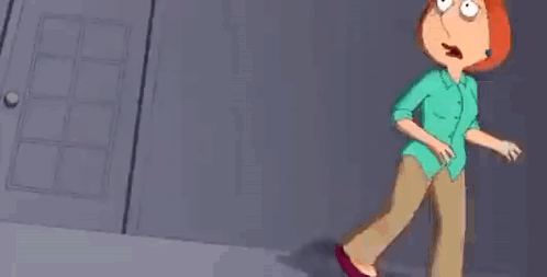 Lois Griffin walks nervously through a dim hallway.