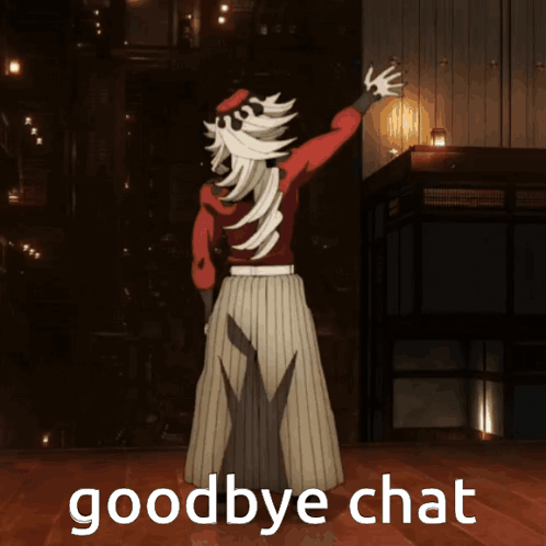 a cartoon character says goodbye chat in front of a dark background