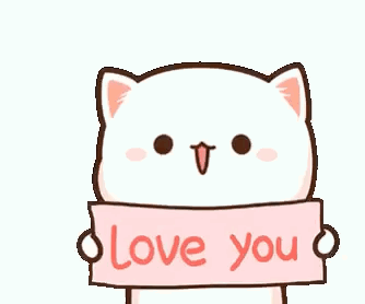 A white cartoon cat holds a “Love you” sign.