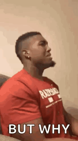 A man in a red shirt looks upward with “BUT WHY?”