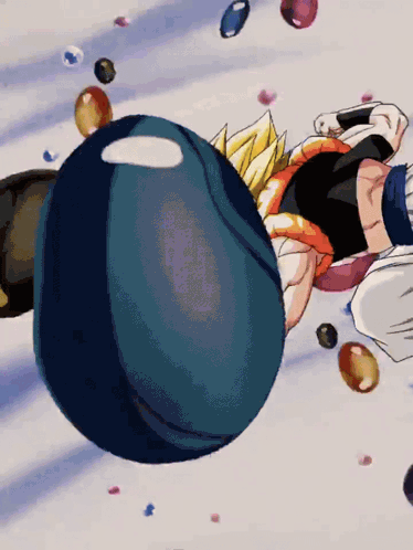 a cartoon character laying on the ground with a blue ball in his hand
