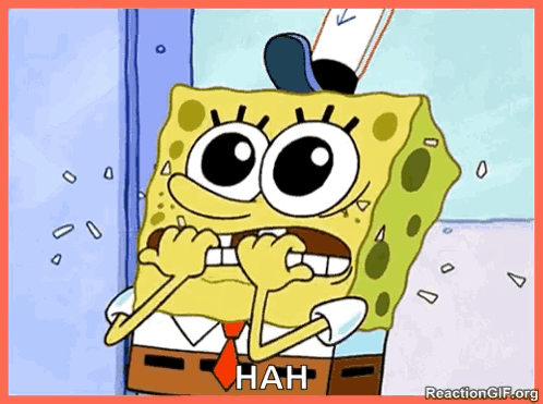 SpongeBob bites his nails nervously with sweat droplets around him.