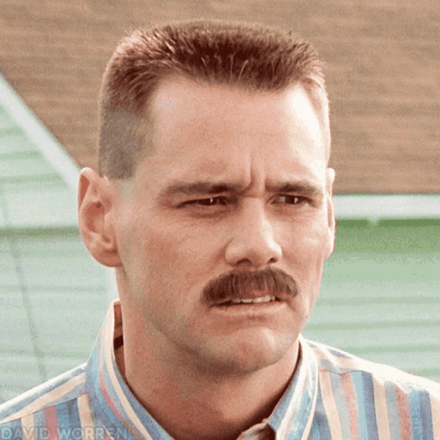 A mustached man gives a disgusted, doubtful look.