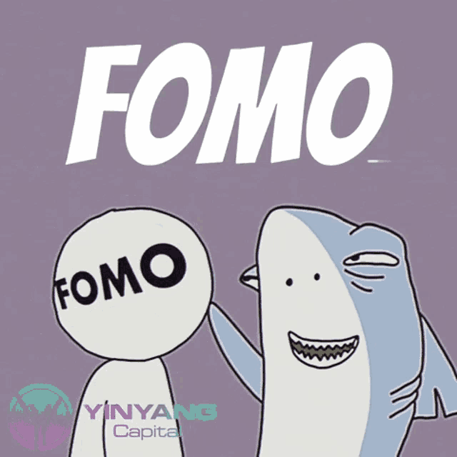 a cartoon of a shark and a man with the word fomo on their head