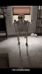 A thin animated figure stands in a hallway with the caption “I'M STARVING!”