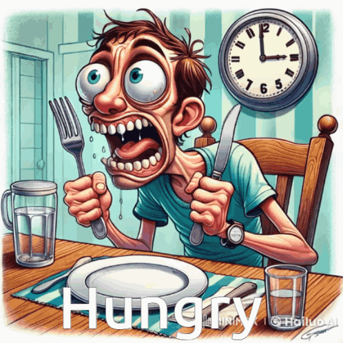 A frantic illustrated man grips a fork at a dining table beside a clock, captioned “Hungry.”
