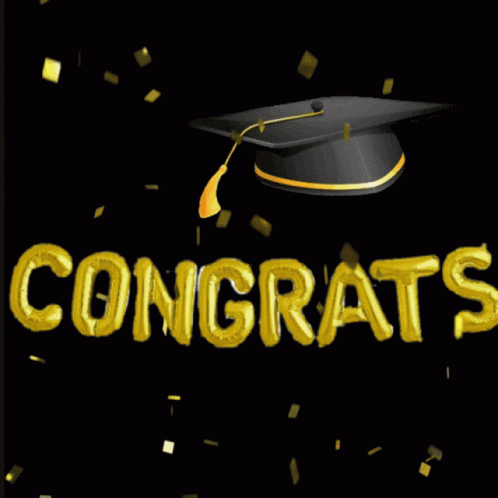 A graduation cap sits over shiny gold CONGRATS letters on black.