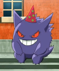 a purple monster wearing a red party hat is smiling