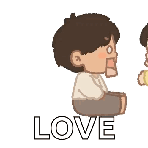 A chibi couple faces each other beside the word “LOVE.”