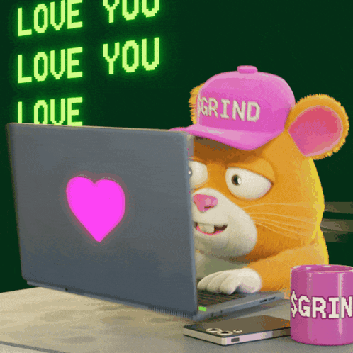a cartoon mouse wearing a pink hat that says grind