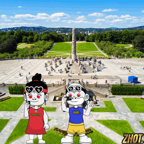 a cartoon of a boy and a girl standing in front of a park with the word zhout on the bottom right