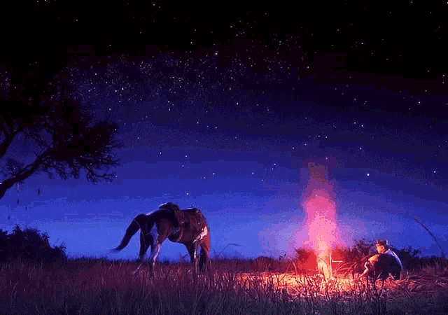 a man sits by a campfire while a horse grazes in the background
