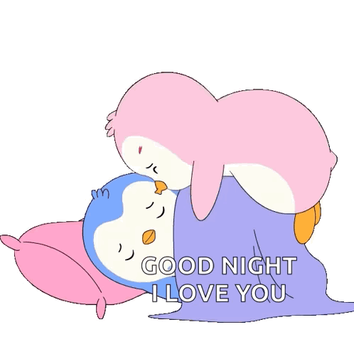 a cartoon of two penguins kissing each other with the words good night i love you