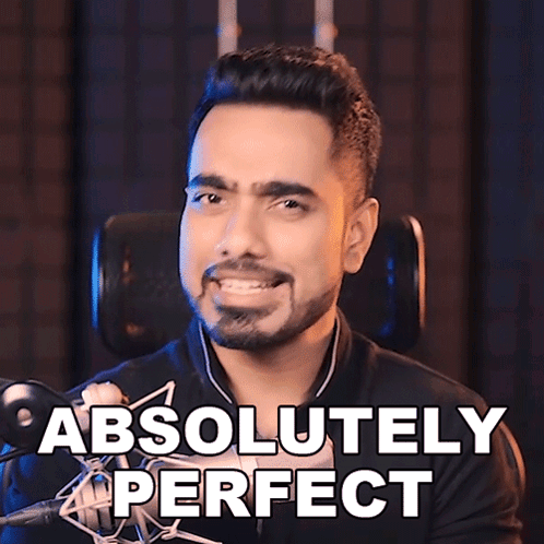 a man in front of a microphone with the words " absolutely perfect " above him