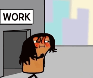 A cartoon office worker exits through a door marked “WORK.”