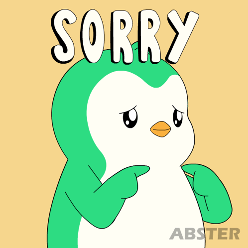 A green penguin points shyly beneath tall “SORRY” lettering.