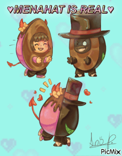 a drawing of a girl in a devil costume and a man in a top hat with the words menahat is real