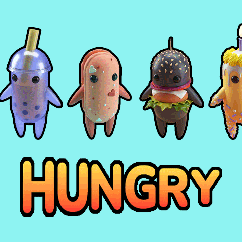 the word hungry is on a blue background with a bunch of stuffed animals