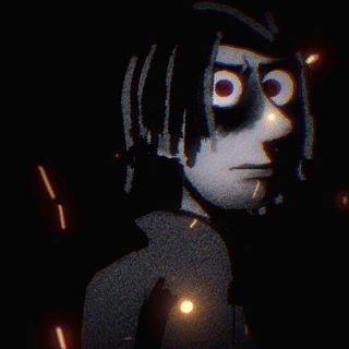 a close up of a cartoon character 's face with glowing eyes