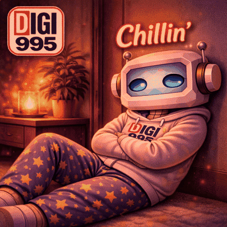 a robot with headphones on his head is laying on the floor in front of a sign that says digi 995