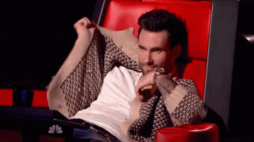 Adam Levine coyly hides behind patterned fabric in a red chair.