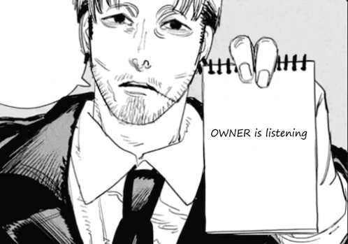 a black and white drawing of a man holding a notebook that says owner is listening