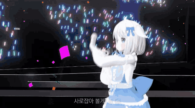 a girl in a blue and white dress is dancing in front of a screen that says ' x ' on it