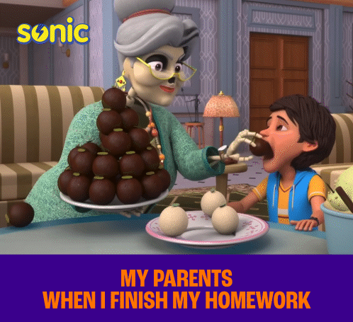 a poster for sonic shows an old woman giving a boy a chocolate donut