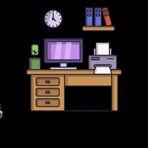 A dark room illustration shows a desk and computer beside a clock.