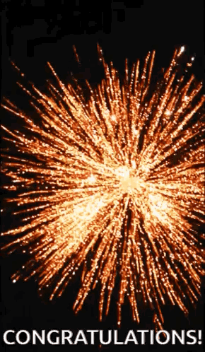 A bright orange firework bursts on black above a tiny “CONGRATULATIONS!” caption.