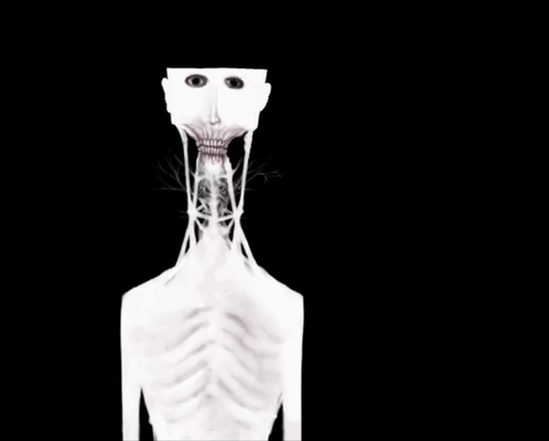 A thin eerie white humanoid stands against a black background.