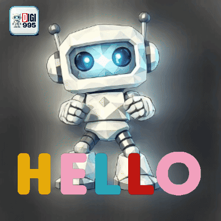 a cartoon robot is standing in front of a sign that says hello