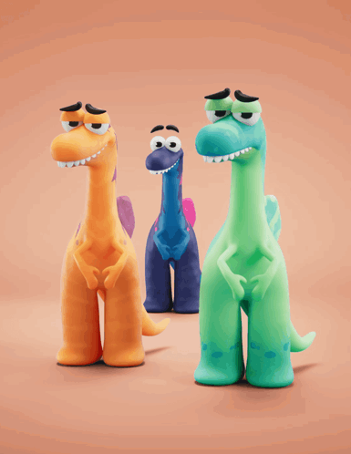 three cartoon dinosaurs are standing next to each other on a brown background