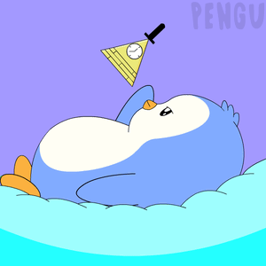 A cartoon penguin floats on its back in water, appearing bored.