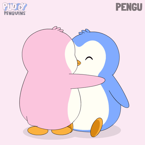 Pink and blue cartoon penguins hug and kiss.