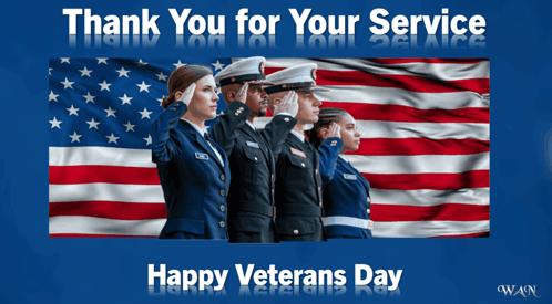 a group of soldiers salute in front of an american flag with the words thank you for your service happy veterans day