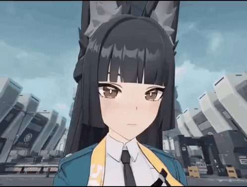 An anime-style cat-eared woman stares forward in a city setting.