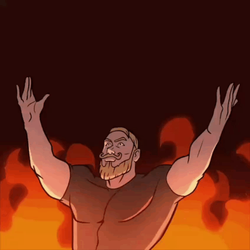 a cartoon of a man with his arms outstretched in front of a fire