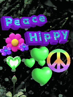 a peace sign is surrounded by green hearts and a pink flower
