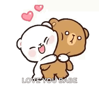 A white and brown cartoon bear couple cuddle closely with hearts overhead.
