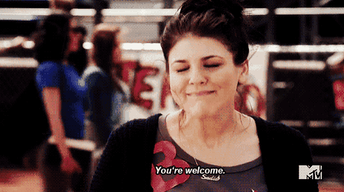 A woman gives a restrained smile with the subtitle “You're welcome.”